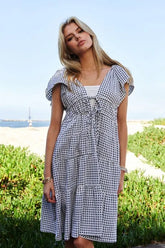 Davi & Dani Jacquard V-Neck Flutter Cap Sleeve Tiered Dress OutfitFlow